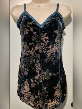 Y2K DKNY Blue Velvet Burnout Cami Women's Sz L Whimsy Goth Fairy Beaded